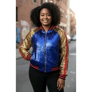 Love & Peace Large Sequinced Embroidered Bomber Jacket K Too SZ S Festival Gold